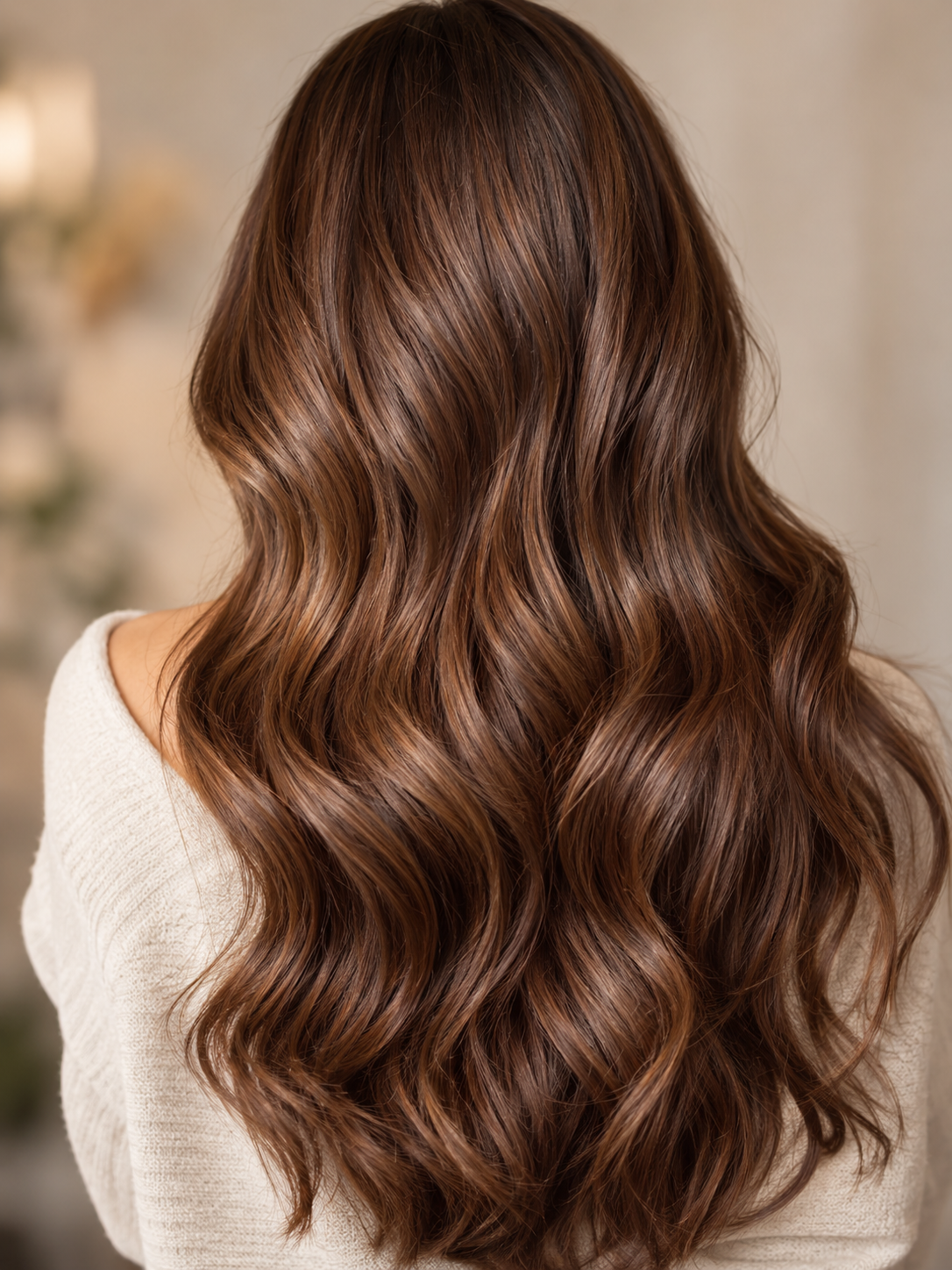 Soft waves in glossy chestnut hair
